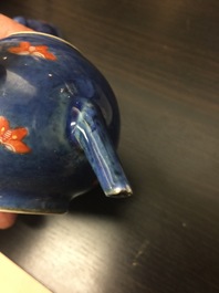 A pair of small Chinese powder blue teapots with roosters, Kangxi