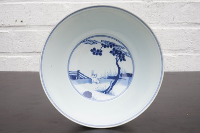 A Chinese blue and white bowl with a rabbit, Kangxi