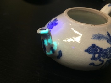 A blue and white Chinese soft paste porcelain miniature teapot, Kangxi