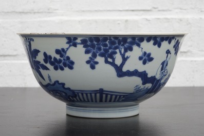 A Chinese blue and white bowl with a rabbit, Kangxi