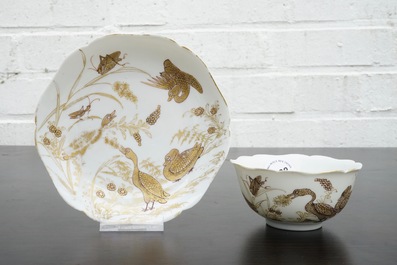 A Chinese grisaille and gilt cup and saucer with ducks and insects, Yongzheng, 1723-1735