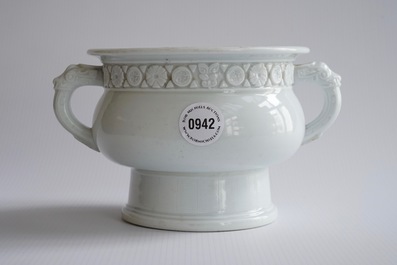A round Dehua blanc de Chine censer with moulded and underglaze decoration, Kangxi