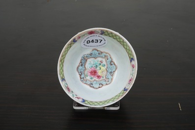 A Chinese famille rose eggshell cup and saucer with a rooster, Yongzheng, 1723-1735