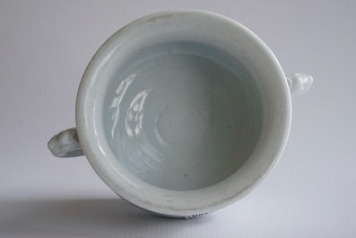 A round Dehua blanc de Chine censer with moulded and underglaze decoration, Kangxi