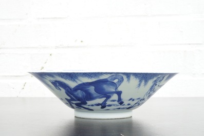 A Chinese blue and white conical bowl: "Horses of Mu Wang", Kangxi