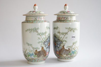 A pair of fine Chinese famille rose vases and covers with quails, Republic, 20th C.
