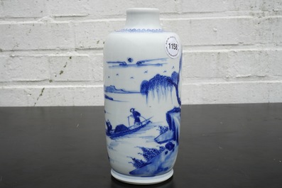 A blue and white Chinese vase with a mountainous landscape, Kangxi
