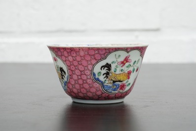 A Chinese famille rose eggshell cup and saucer with a rooster, Yongzheng, 1723-1735