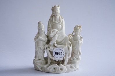 A Chinese Dehua blanc de Chine group of Wen Chang with 2 followers, 18/19th C.