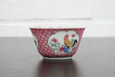 A Chinese famille rose eggshell cup and saucer with a rooster, Yongzheng, 1723-1735