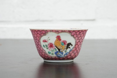 A Chinese famille rose eggshell cup and saucer with a rooster, Yongzheng, 1723-1735