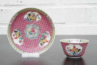 A Chinese famille rose eggshell cup and saucer with a rooster, Yongzheng, 1723-1735