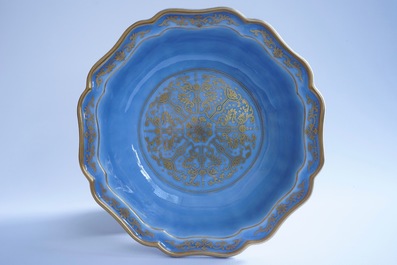 A Chinese lavender blue and gilt octafoil lobed bowl in box, Qianlong mark, 20th C.