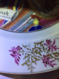 A rare Chinese famille rose European subject "Clothtraders" plate, Qianlong, ca. 1740