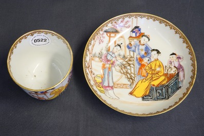 A fine Chinese famille rose mandarin cup and saucer, Qianlong, 18th C.