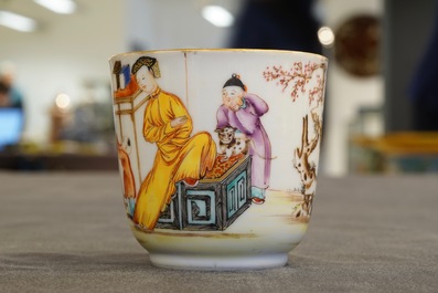 A fine Chinese famille rose mandarin cup and saucer, Qianlong, 18th C.