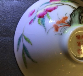 Een set van 9 Chinese famille rose kommetjes met perzikendecor, Guangxu merk en periode