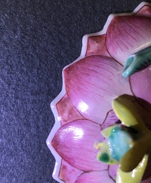A pair of Chinese famille rose lotus-shaped cups and saucers, Yongzheng, 1723-1735