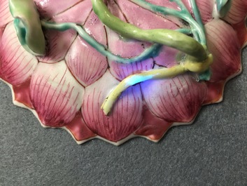 A pair of Chinese famille rose lotus-shaped cups and saucers, Yongzheng, 1723-1735