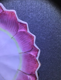 A pair of Chinese famille rose lotus-shaped cups and saucers, Yongzheng, 1723-1735