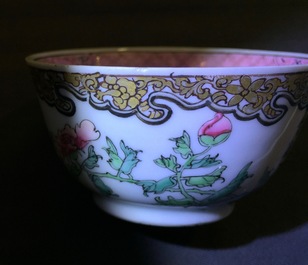 A Chinese famille rose eggshell cup and saucer with butterflies among flowers, Yongzheng, 1723-1735