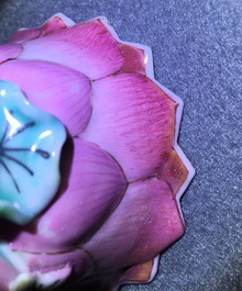 A pair of Chinese famille rose lotus-shaped cups and saucers, Yongzheng, 1723-1735