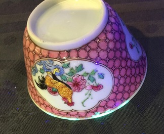 A Chinese famille rose eggshell cup and saucer with a rooster, Yongzheng, 1723-1735