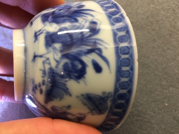 A Chinese blue and white cup and saucer with "La Dame au Parasol" after Pronk, ca. 1740
