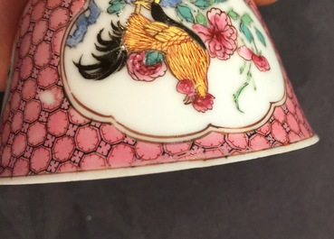 A Chinese famille rose eggshell cup and saucer with a rooster, Yongzheng, 1723-1735