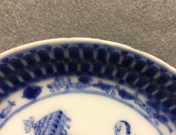 A Chinese blue and white cup and saucer with "La Dame au Parasol" after Pronk, ca. 1740