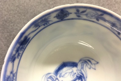 A Chinese blue and white cup and saucer with "La Dame au Parasol" after Pronk, ca. 1740