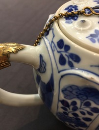A fine blue and white Chinese teapot and cover with gilt silver mount, Kangxi