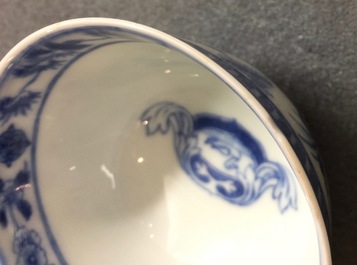 A Chinese blue and white cup and saucer with "La Dame au Parasol" after Pronk, ca. 1740