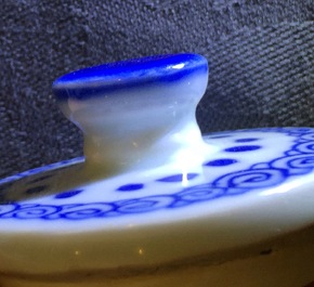 A Chinese blue and white teapot and cover with long Elizas, Kangxi