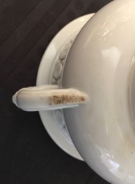 A round Dehua blanc de Chine censer with moulded and underglaze decoration, Kangxi