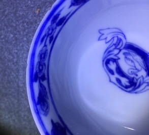 A Chinese blue and white cup and saucer with "La Dame au Parasol" after Pronk, ca. 1740
