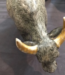 An unusual Chinese grisaille and gilt model of an ox, Qianlong, 18th C.