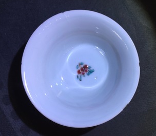 A pair of Chinese famille rose cups and saucers with roosters, Yongzheng, 1723-1735