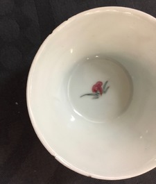 A pair of Chinese famille rose cups and saucers with deer, Yongzheng, 1723-1735
