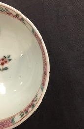Een Chinese famille rose eierschaal kop en schotel met een tuinsc&egrave;ne, Yongzheng, 1723-1735
