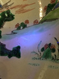 A rare Chinese famille verte caf&eacute; au lait ground landscape dish, Kangxi