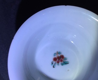 A pair of Chinese famille rose cups and saucers with roosters, Yongzheng, 1723-1735