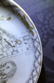 A pair of Chinese grisaille and gilt eggshell cups and saucers with Europeans, Yongzheng, 1723-1735