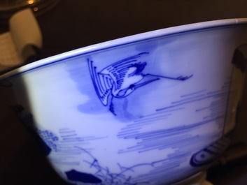 A Chinese blue and white bowl with a river scene, Kangxi