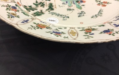 A large Chinese famille verte dish with a botanical garden, Kangxi