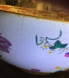 A massive Chinese famille rose export porcelain bowl with flowers, Qianlong, 18th C.