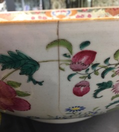 A massive Chinese famille rose export porcelain bowl with flowers, Qianlong, 18th C.
