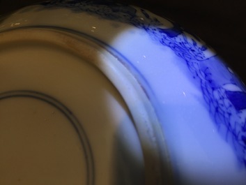 A large Chinese blue and white teapot and cover with peacocks, Kangxi