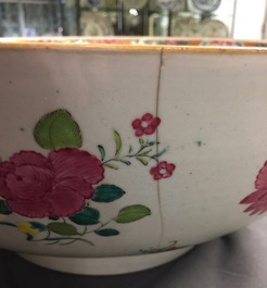 A massive Chinese famille rose export porcelain bowl with flowers, Qianlong, 18th C.