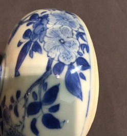 A large Chinese blue and white teapot and cover with peacocks, Kangxi
